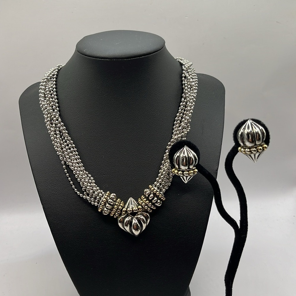 12 strand ball chain necklace & Earring Set gold and silver tone Front clasp
